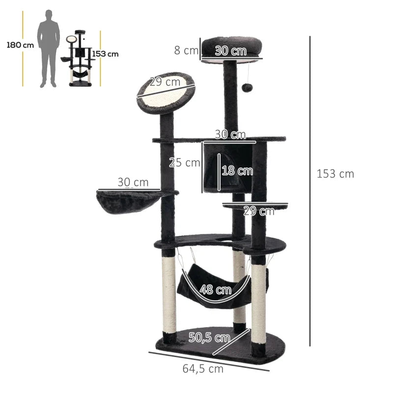 PawHut Árvore Arranhador para Gatos Grande Altura 153cm Torre de Escalada para Gatos com Caverna Redes Plataformas Postes Arranhadores de Sisal e Bola Suspensa Cinza Escuro