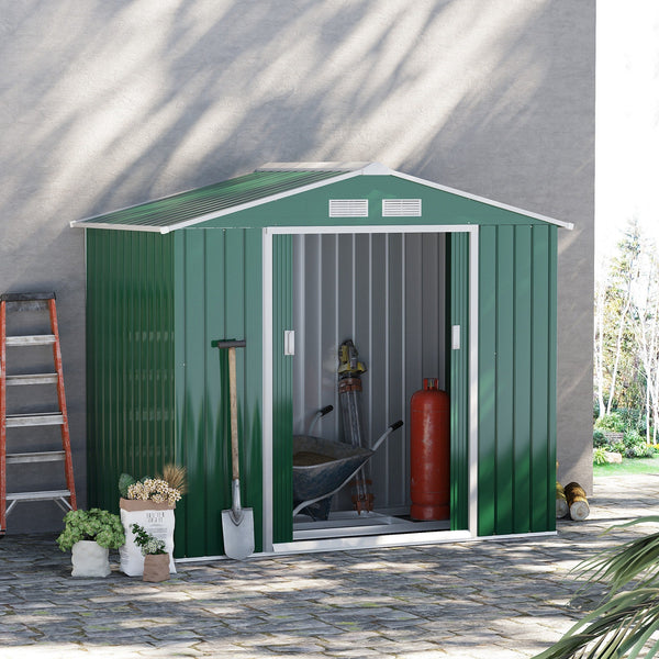 Abrigo de Jardim 213x130x185cm Abrigo de Jardim Metálico de Exterior para Armazenamento de Ferramentas com 2 Portas Deslizantes e 4 Janelas para Terraço Verde