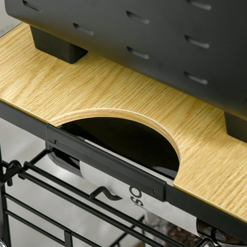 Carrinho de Cozinha com Rodas Carrinho de Cozinha Multiuso com Suporte para Garrafas Cesta Removível e 4 Ganchos para Sala de Jantar Sala de Estar 60,5x35,5x75cm Preto e Carvalho