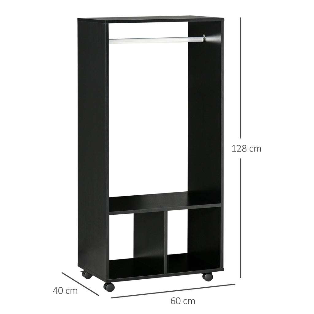 Roupeiro de Madeira Móvel Armário Roupeiro Aberto com Barra para Pendurar e Prateleiras Organizadoras para Dormitório 60x40x128 cm Preto