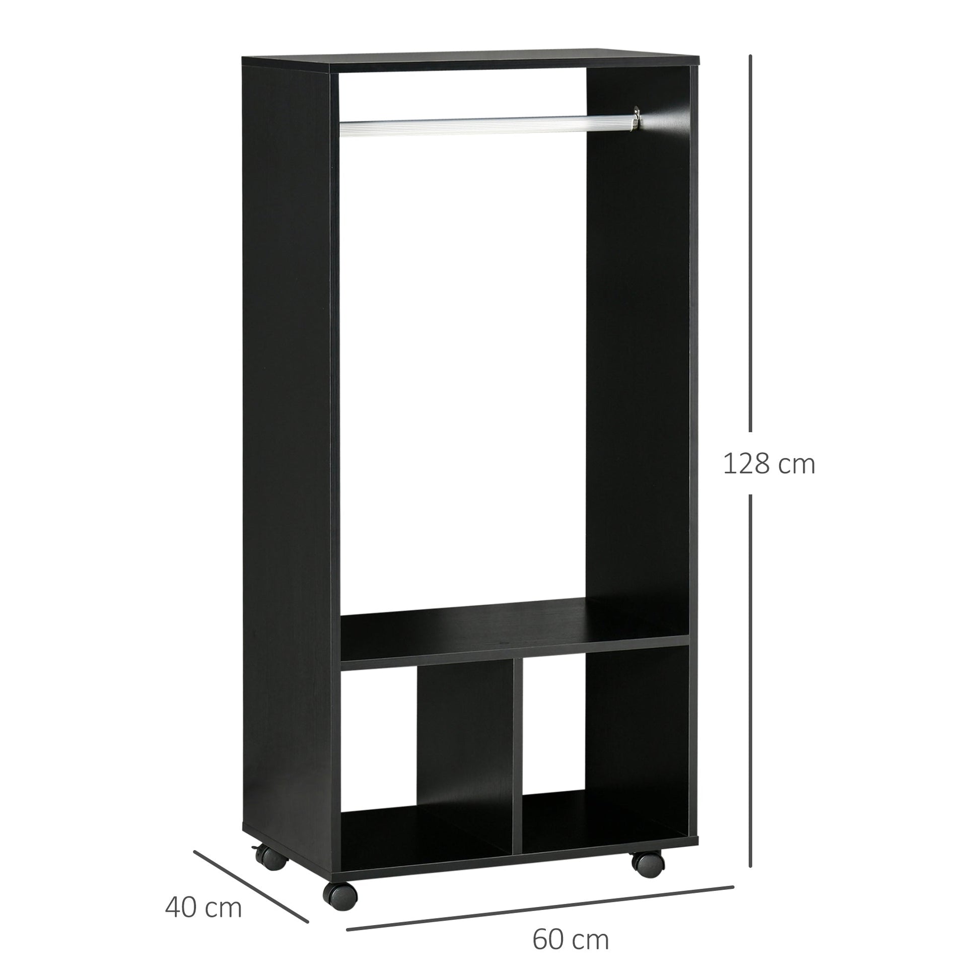 Roupeiro de Madeira Móvel Armário Roupeiro Aberto com Barra para Pendurar e Prateleiras Organizadoras para Dormitório 60x40x128 cm Preto