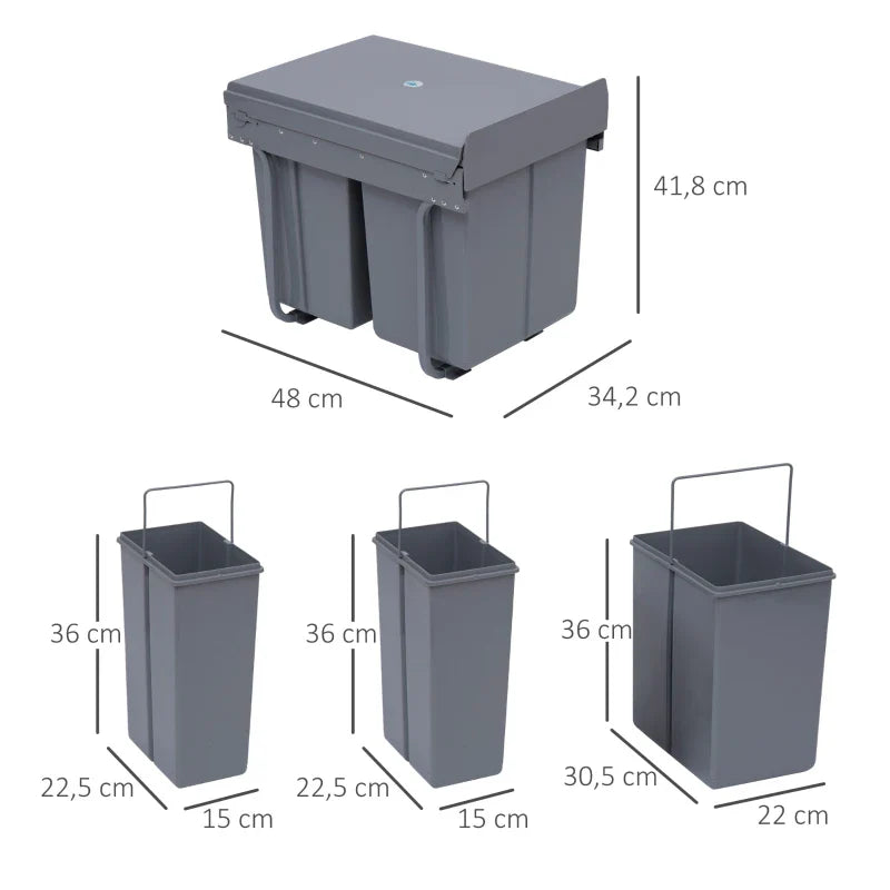 Cubos de Lixo para Cozinha com 3 recipientes de Reciclagem Removíveis 1x20L e 2x10L Metal e Plástico 48x34,2x41,8cm Cinza