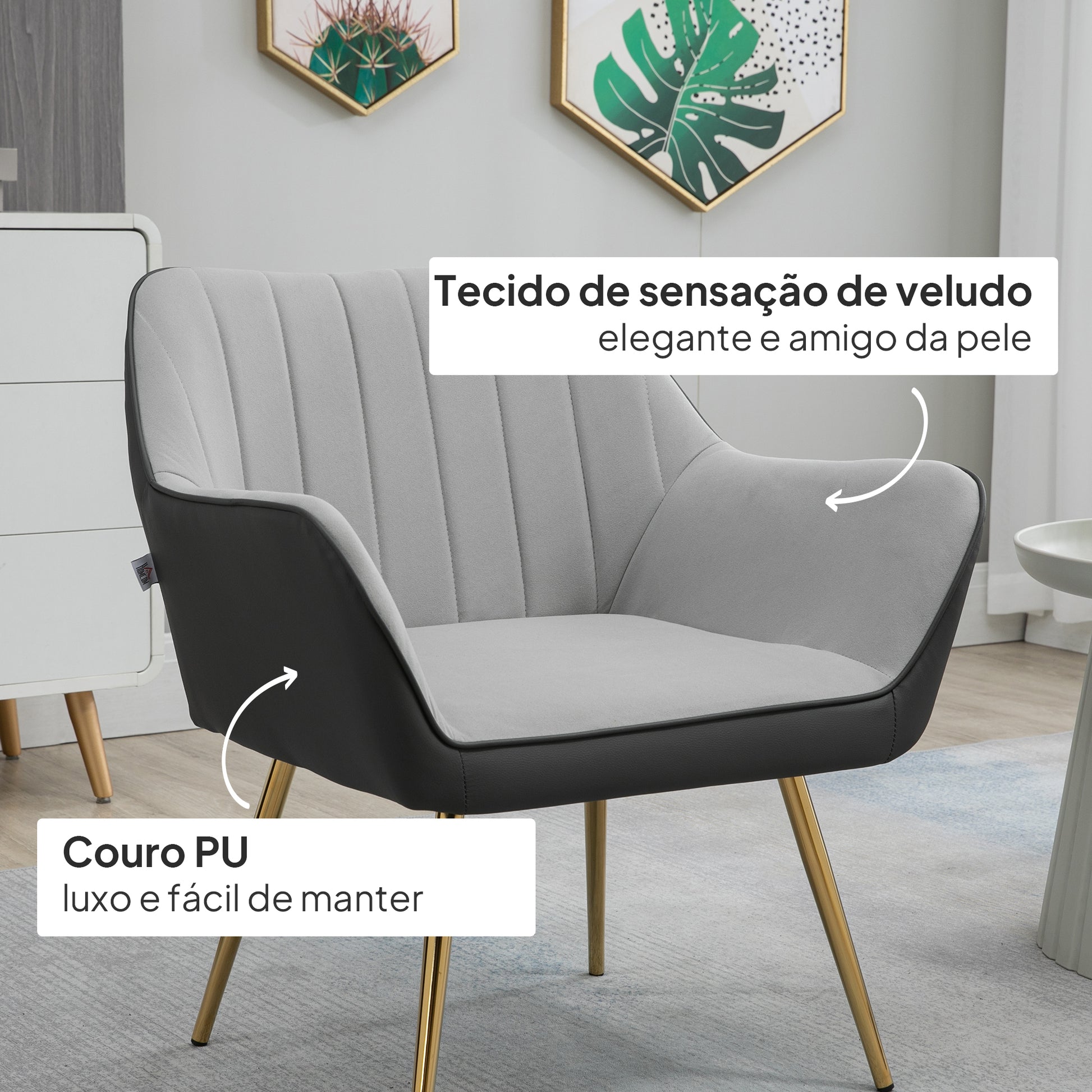 Poltrona de Sala de Estar Estofada em Couro Sintético e Veludo com Apoios para os Braços Pés Dourados e Estrutura de Aço Poltrona para Dormitório Carga 120 kg 64x62x72,5 cm Cinza