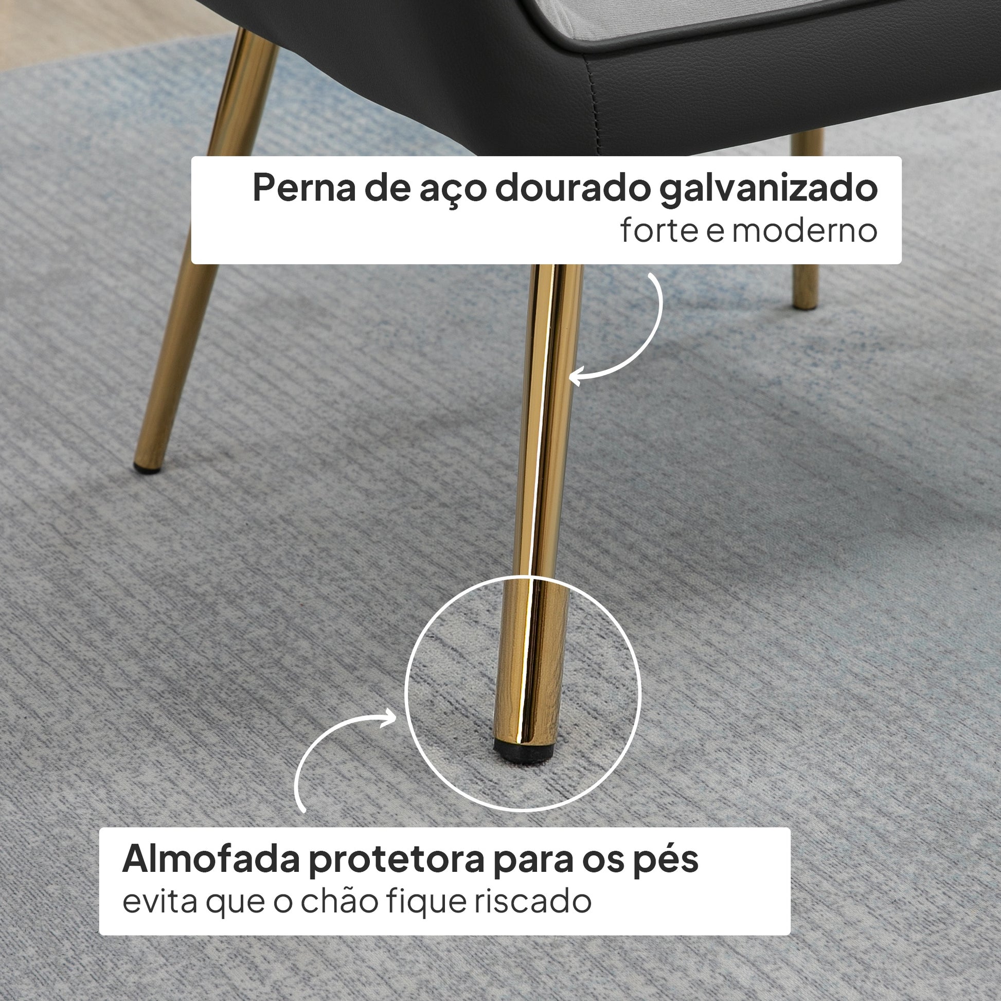Poltrona de Sala de Estar Estofada em Couro Sintético e Veludo com Apoios para os Braços Pés Dourados e Estrutura de Aço Poltrona para Dormitório Carga 120 kg 64x62x72,5 cm Cinza