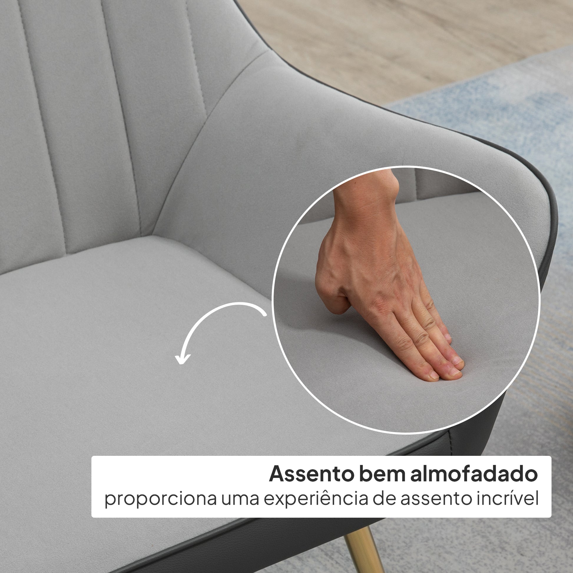Poltrona de Sala de Estar Estofada em Couro Sintético e Veludo com Apoios para os Braços Pés Dourados e Estrutura de Aço Poltrona para Dormitório Carga 120 kg 64x62x72,5 cm Cinza