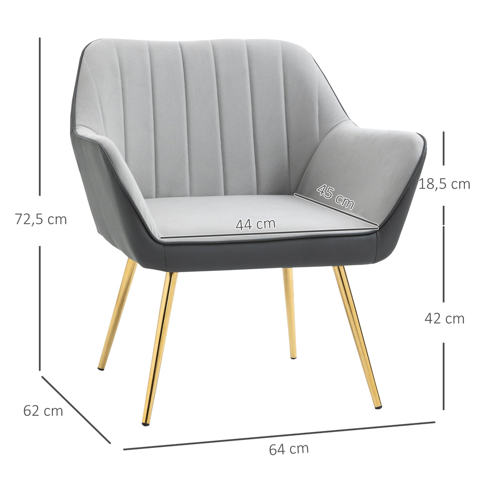Poltrona de Sala de Estar Estofada em Couro Sintético e Veludo com Apoios para os Braços Pés Dourados e Estrutura de Aço Poltrona para Dormitório Carga 120 kg 64x62x72,5 cm Cinza