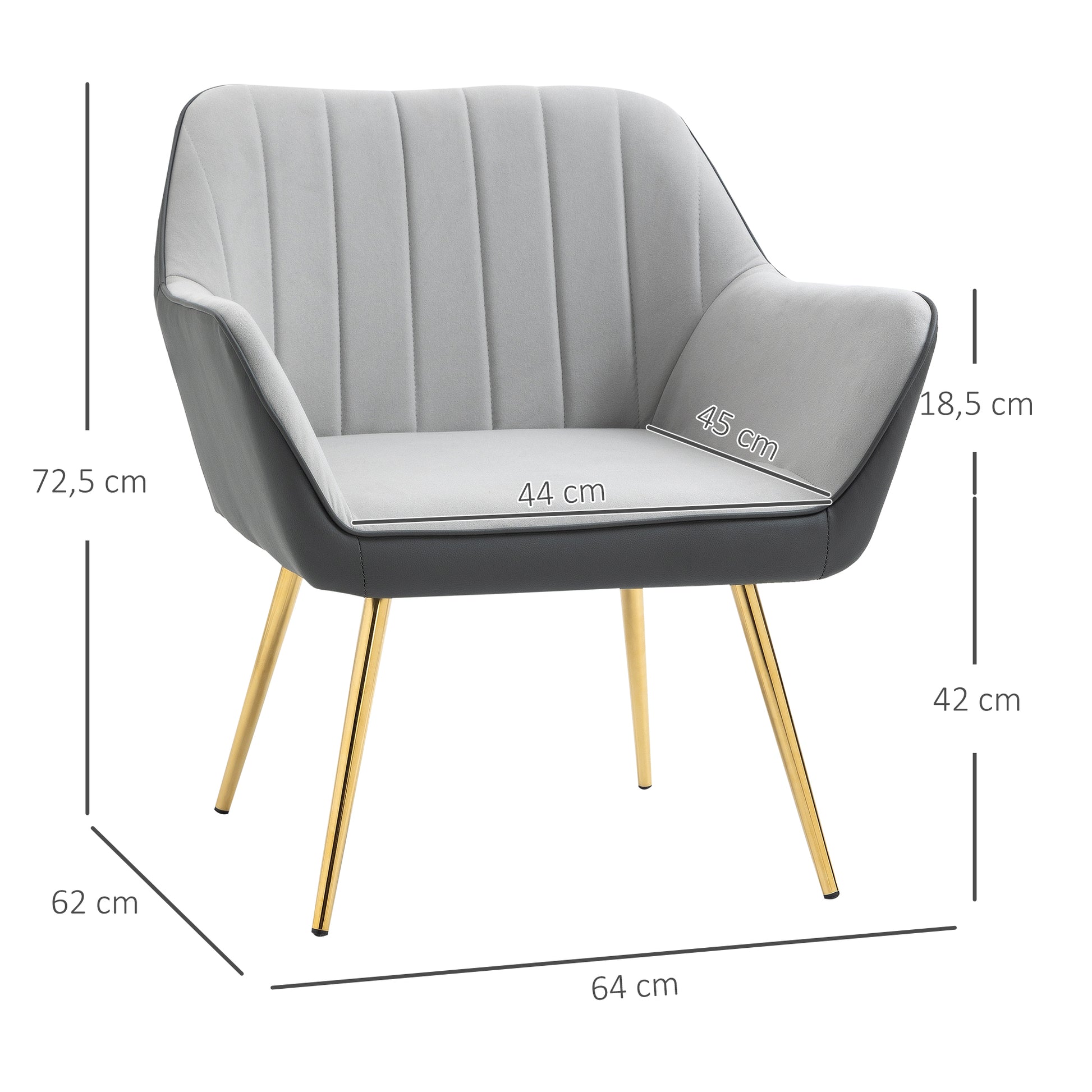 Poltrona de Sala de Estar Estofada em Couro Sintético e Veludo com Apoios para os Braços Pés Dourados e Estrutura de Aço Poltrona para Dormitório Carga 120 kg 64x62x72,5 cm Cinza