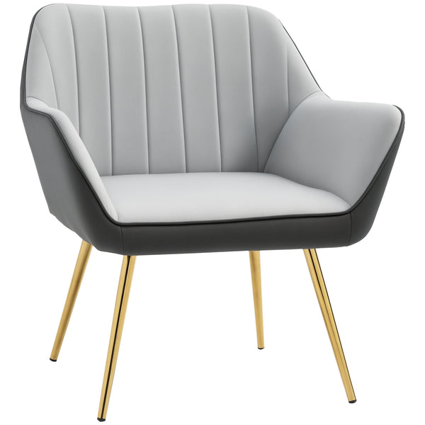 Poltrona de Sala de Estar Estofada em Couro Sintético e Veludo com Apoios para os Braços Pés Dourados e Estrutura de Aço Poltrona para Dormitório Carga 120 kg 64x62x72,5 cm Cinza