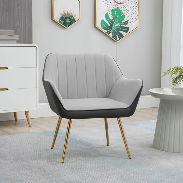 Poltrona de Sala de Estar Estofada em Couro Sintético e Veludo com Apoios para os Braços Pés Dourados e Estrutura de Aço Poltrona para Dormitório Carga 120 kg 64x62x72,5 cm Cinza