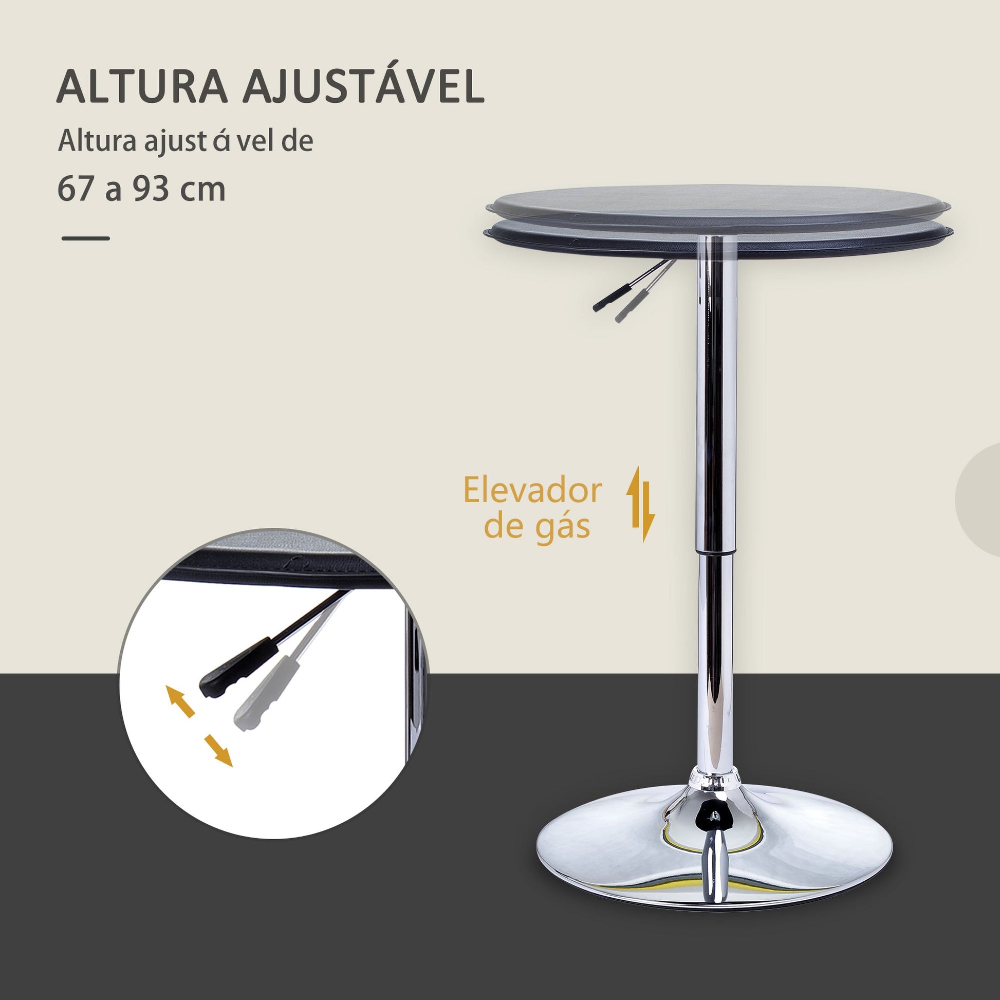Mesa de Bar com Altura Ajustável Giratória 360° com Base Redonda Mesa Alta Moderna para Cozinha Sala de Jantar Ø63x67-93 cm Preto