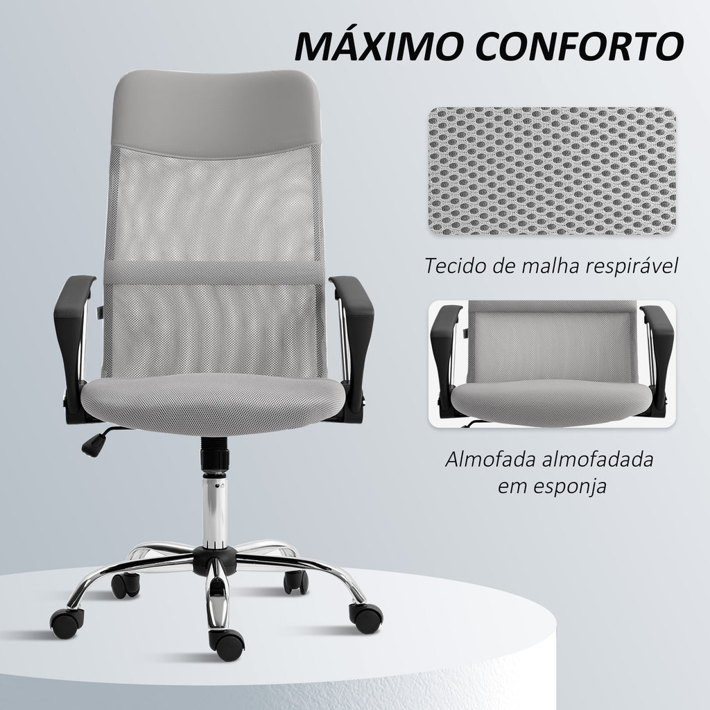 Cadeira de Escritório Cadeira de Secretária de Tecido de Malha Encosto para a Cabeça de PU Mecanismo de Inclinação de Encosto Alto Carga de 120 kg 63x65x109-119 cm Cinza