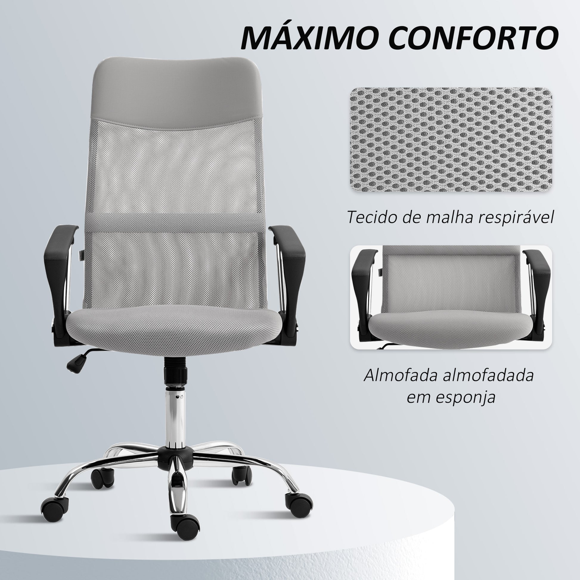 Cadeira de Escritório Cadeira de Secretária de Tecido de Malha Encosto para a Cabeça de PU Mecanismo de Inclinação de Encosto Alto Carga de 120 kg 63x65x109-119 cm Cinza