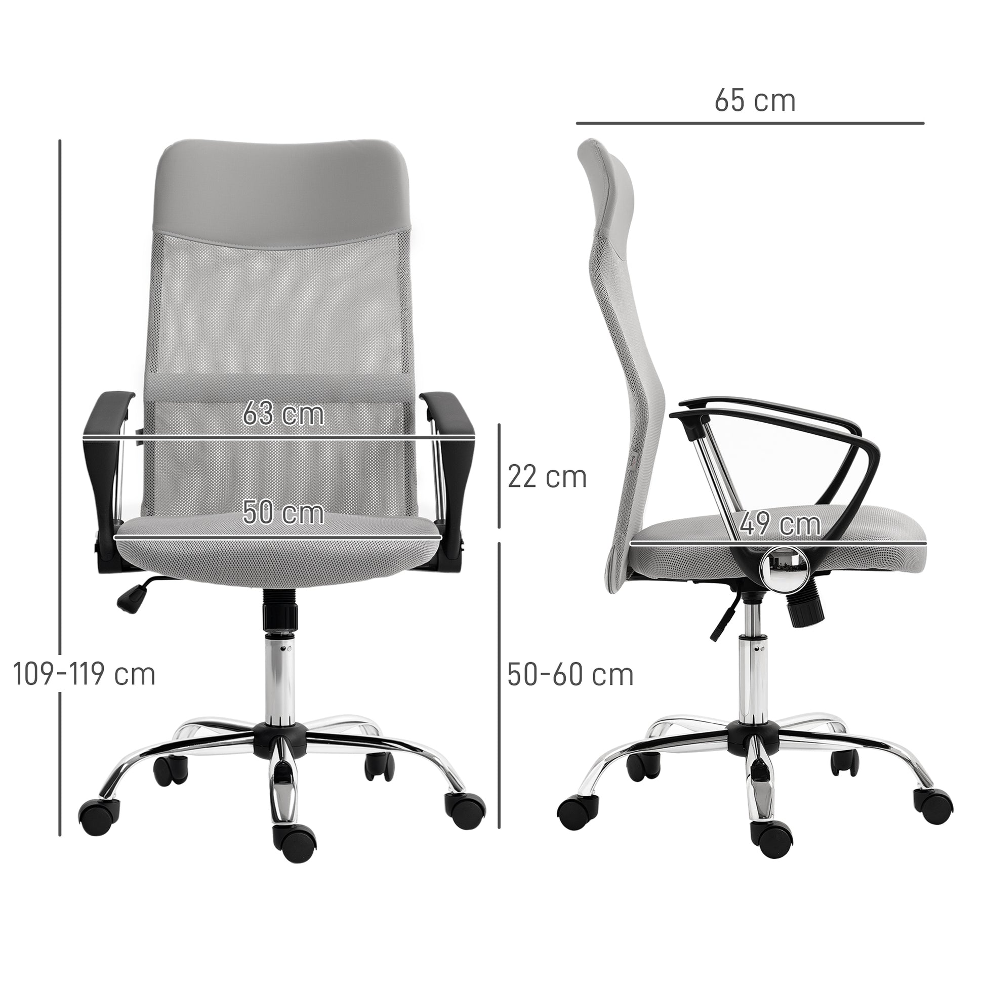 Cadeira de Escritório Cadeira de Secretária de Tecido de Malha Encosto para a Cabeça de PU Mecanismo de Inclinação de Encosto Alto Carga de 120 kg 63x65x109-119 cm Cinza
