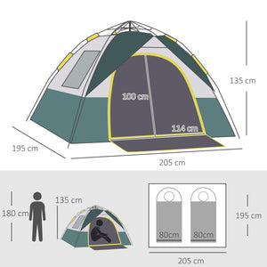 Tenda de Campismo para 2-3 Pessoas Tenda de Campismo Dobrável com 1 Porta 3 Janelas Bolsa de Transporte e Abertura Automática para Praia Parque 205x195x135 cm Verde