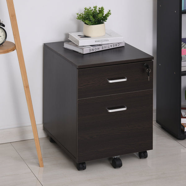 Bloco de Gavetas para Escritório Móvel de Arquivos com 2 Gavetas 5 Rodas com Travões e Fechadura com 2 Chaves para Escritório Secretária Casa 40x45x55,6cm Wengué