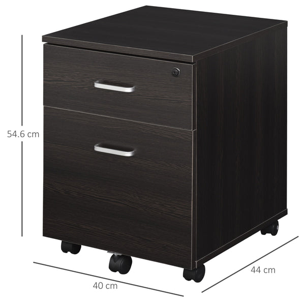 Bloco de Gavetas para Escritório Móvel de Arquivos com 2 Gavetas 5 Rodas com Travões e Fechadura com 2 Chaves para Escritório Secretária Casa 40x45x55,6cm Wengué