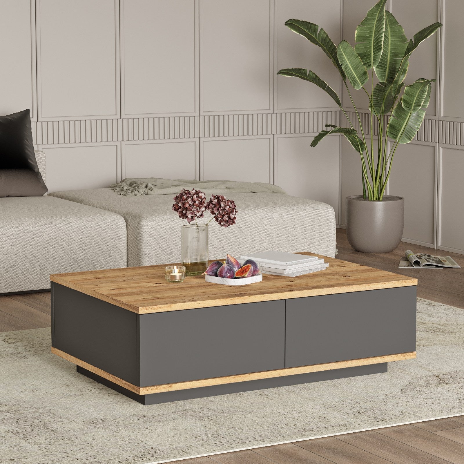 Mesa de Centro Future — 90x60 cm — Design Moderno em Pinho Atlântico e Antracite, Estrutura Revestida a Melamina