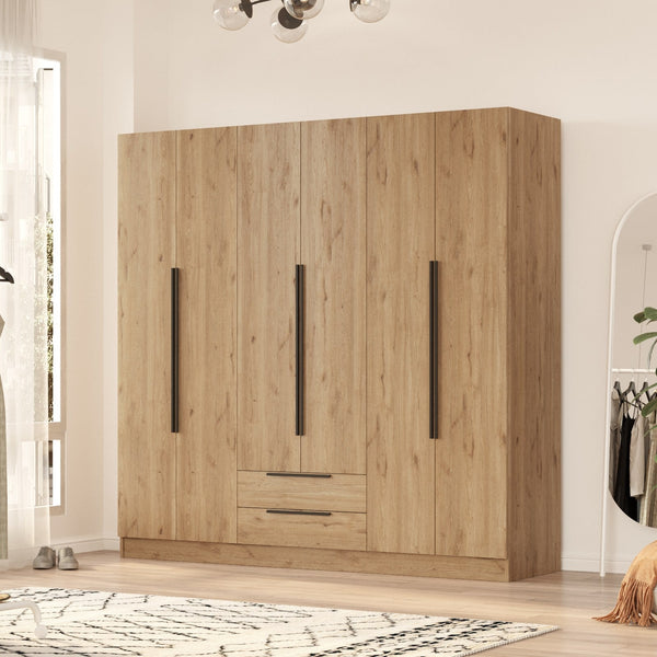 Roupeiro “Lorel” — 210x55x212,5 cm — Design Moderno em Nogueira com Prateleiras, Gavetas e Varões, Estrutura Melamínica