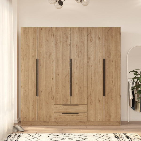 Roupeiro “Lorel” — 210x55x212,5 cm — Design Moderno em Nogueira com Prateleiras, Gavetas e Varões, Estrutura Melamínica