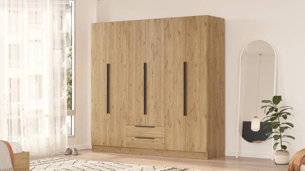 Roupeiro “Lorel” — 210x55x212,5 cm — Design Moderno em Nogueira com Prateleiras, Gavetas e Varões, Estrutura Melamínica