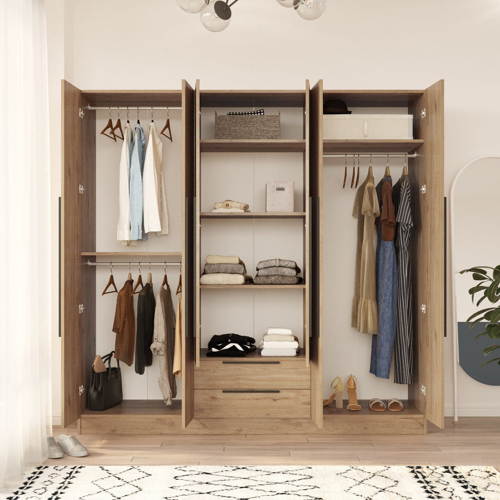 Roupeiro “Lorel” — 210x55x212,5 cm — Design Moderno em Nogueira com Prateleiras, Gavetas e Varões, Estrutura Melamínica