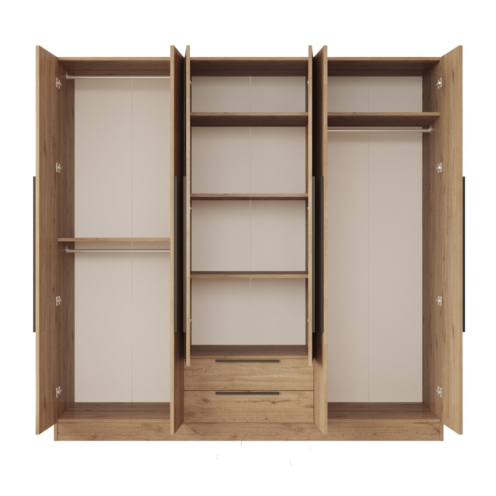 Roupeiro “Lorel” — 210x55x212,5 cm — Design Moderno em Nogueira com Prateleiras, Gavetas e Varões, Estrutura Melamínica