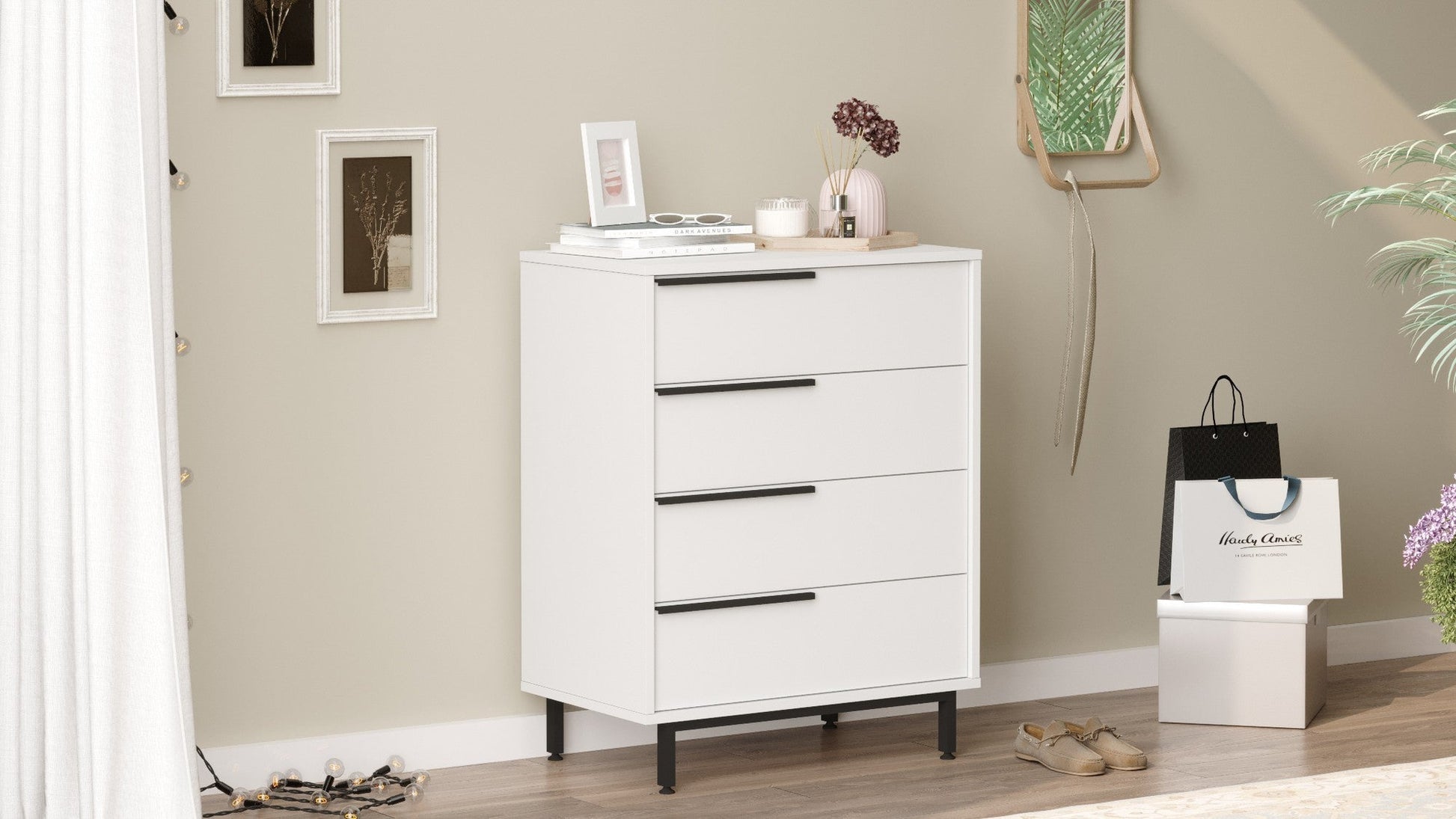 Cómoda Oceans com 4 Gavetas e Pernas Metálicas – 74,8x44,5x95,1 cm – Branco – Estilo Moderno