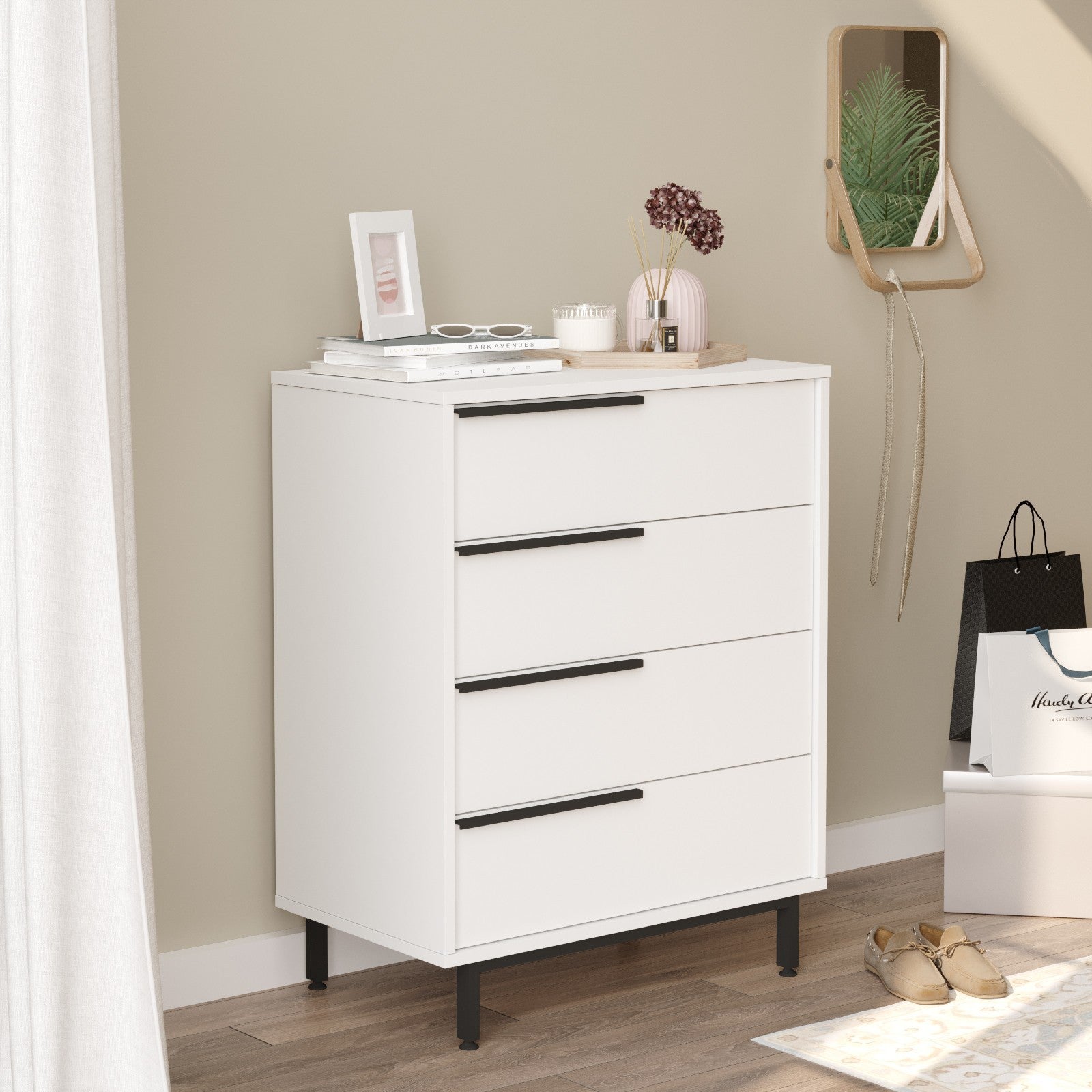 Cómoda Oceans com 4 Gavetas e Pernas Metálicas – 74,8x44,5x95,1 cm – Branco – Estilo Moderno