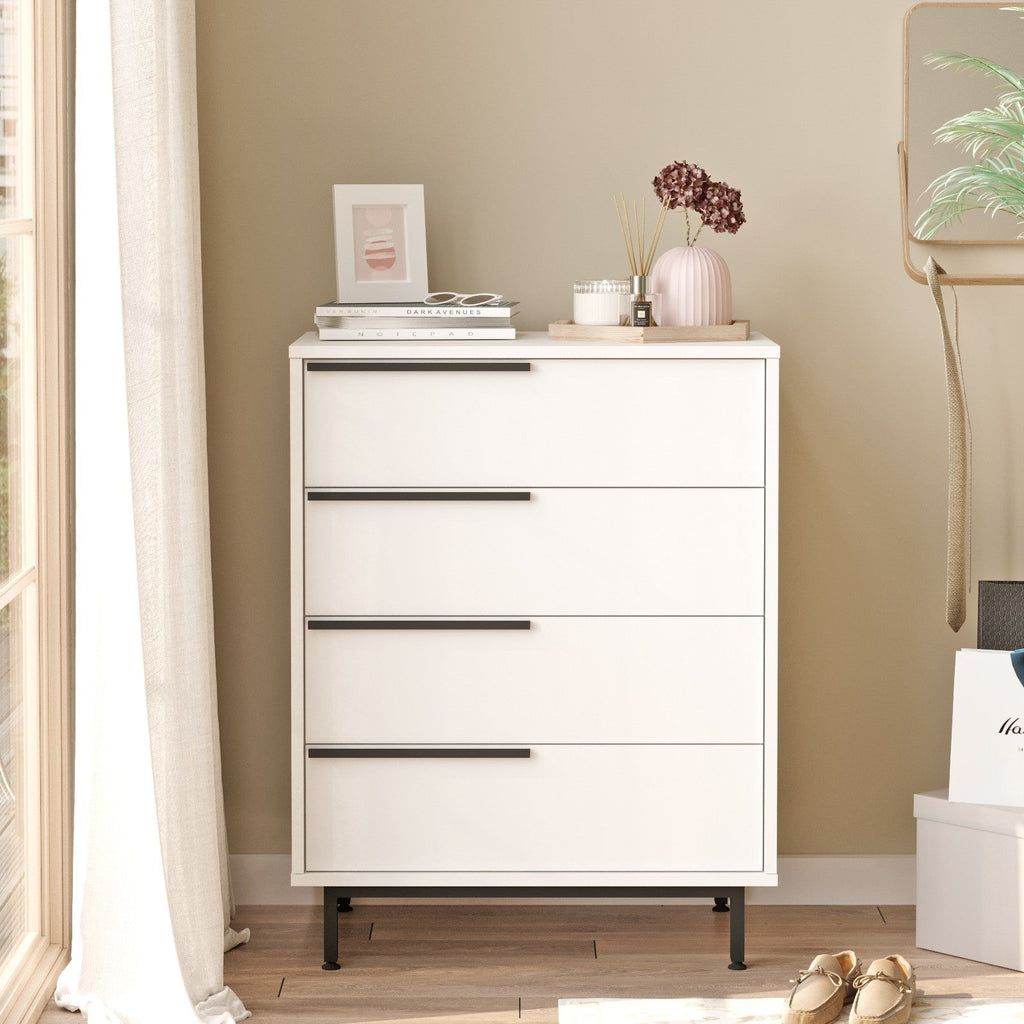 Cómoda Oceans com 4 Gavetas e Pernas Metálicas – 74,8x44,5x95,1 cm – Branco – Estilo Moderno