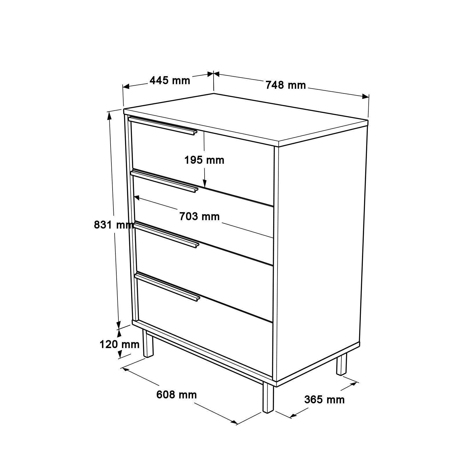 Cómoda Oceans com 4 Gavetas e Pernas Metálicas – 74,8x44,5x95,1 cm – Branco – Estilo Moderno
