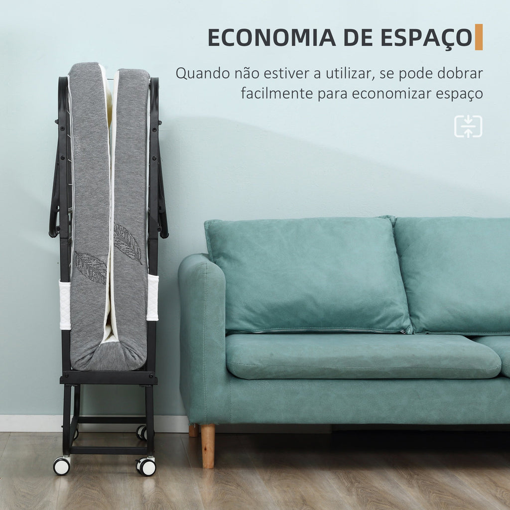 Cama Dobrável 200x75x42,5cm Cama de Campismo Portátil com Colchão Individual Rodas e Freios Carga Máxima 150kg para Dormitórios Branco