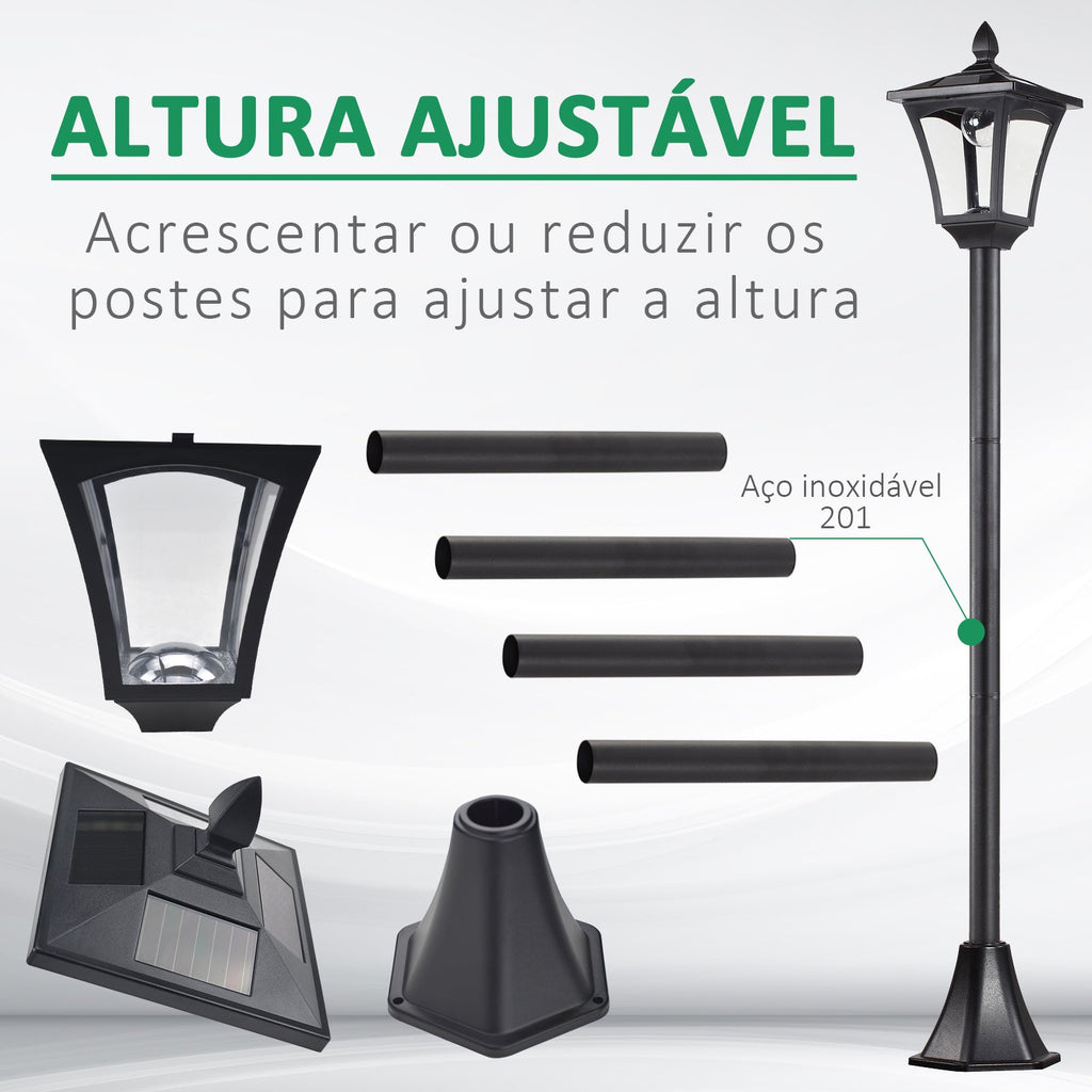 Candeeiro Solar de Jardim – 18x18x160 cm – Preto – Estrutura em Aço Inoxidável – IP44 – Iluminação Automática