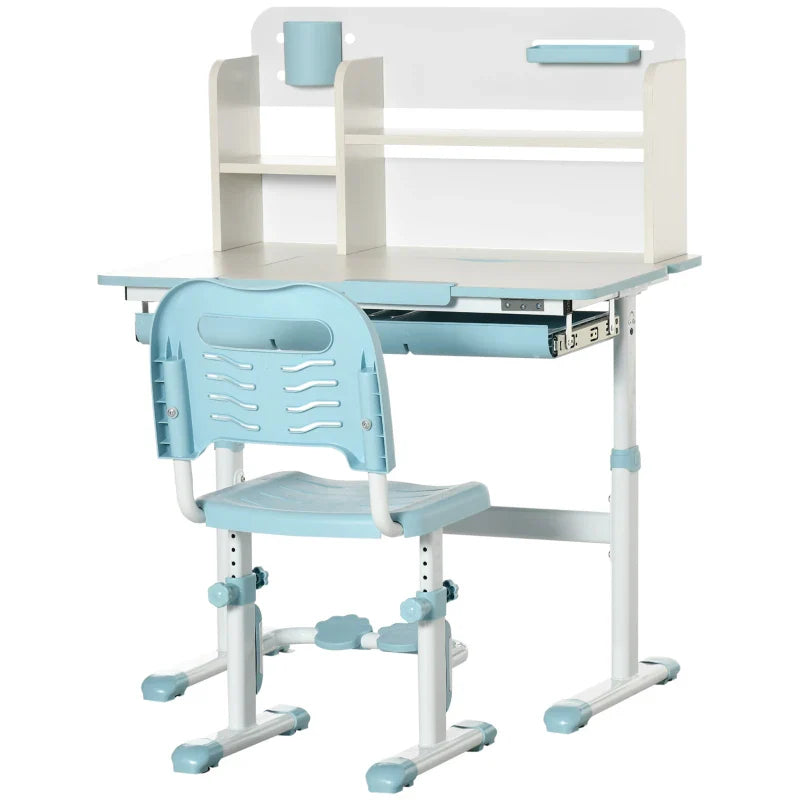 Conjunto de Secretária e Cadeira para Crianças acima de 3 Anos com Altura Ajustável Secretária Infantil com Bancada Inclinável Gaveta e Prateleira para Livros 80x52x88x109cm e 35,5x44,5x66-80cm Azul