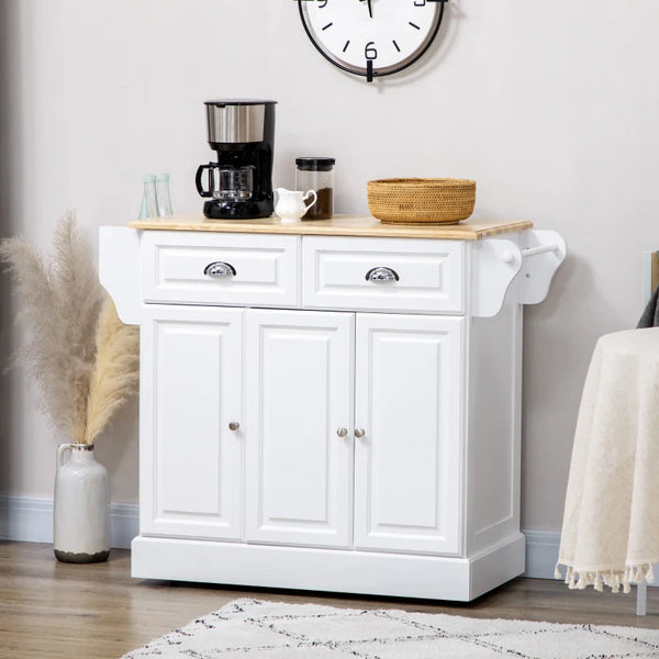 Carrinho de Cozinha Ilha de Cozinha com Rodas Móvel Multifuncional com 2 Gavetas 3 Armários Suporte para Panos e para Temperos para Sala de Jantar 110x45x89cm Branco