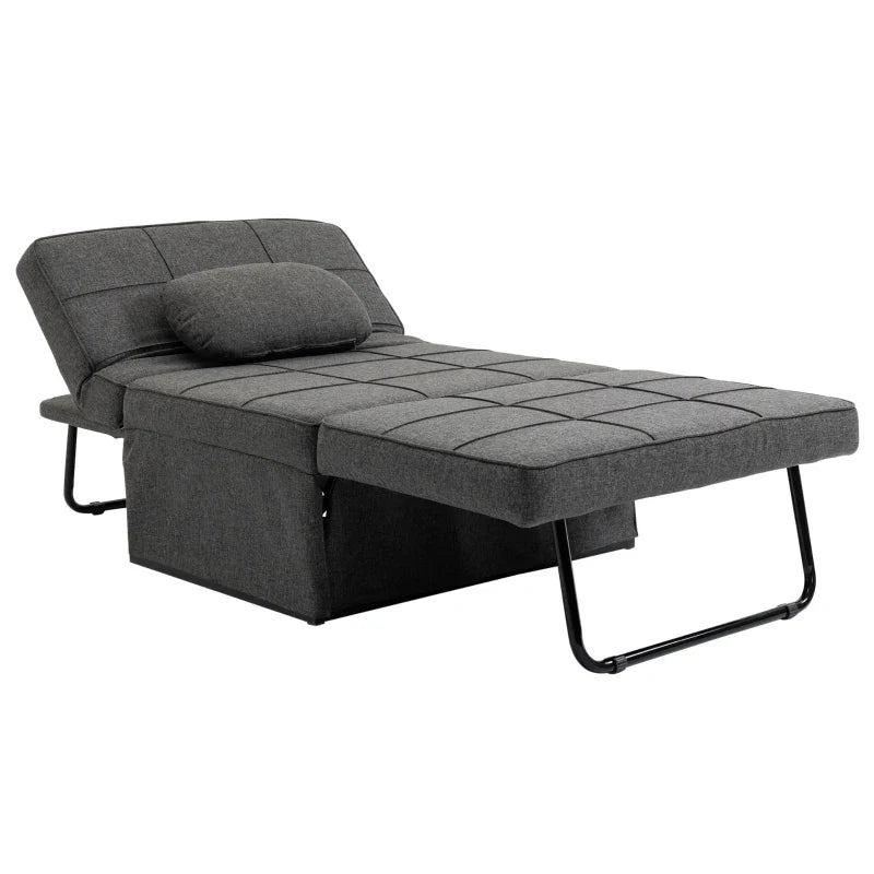 Sofá Cama Individual 3 em 1 Estofado em Linho Sofá Reclinável em 5 Posições com Apoio para os Pés e Apoio para a Cabeça para Sala de Estar Carga Máxima 200kg 95x189x43cm Cinza