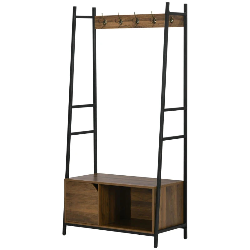 Móvel Cabide de Entrada com Sapateiro Móvel de Entrada com Banco 5 Ganchos Armário e Prateleira Aberta para Corredor Entrada 84x40x169cm Marrom Rústico