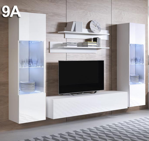 Conjunto de Sala Alpendorada – 2,6 m – Modular em Branco com Móvel TV, Vitrines e Estantes – Design Moderno