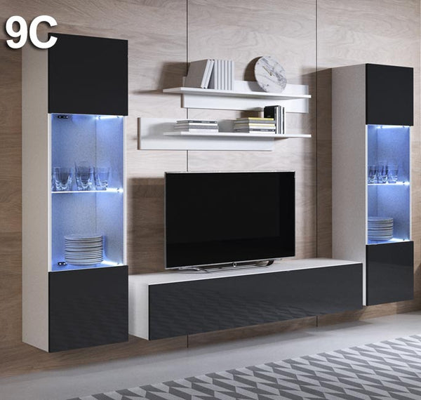 Conjunto de Sala Gandra – 2,6 m – Branco e Preto com Estantes e Vitrines
