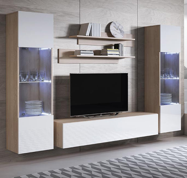 Conjunto de Móveis de Sala Murtosa – 2,6 m – Modular em Sonoma e Branco com Móvel TV, Vitrines e Estantes – Design Moderno