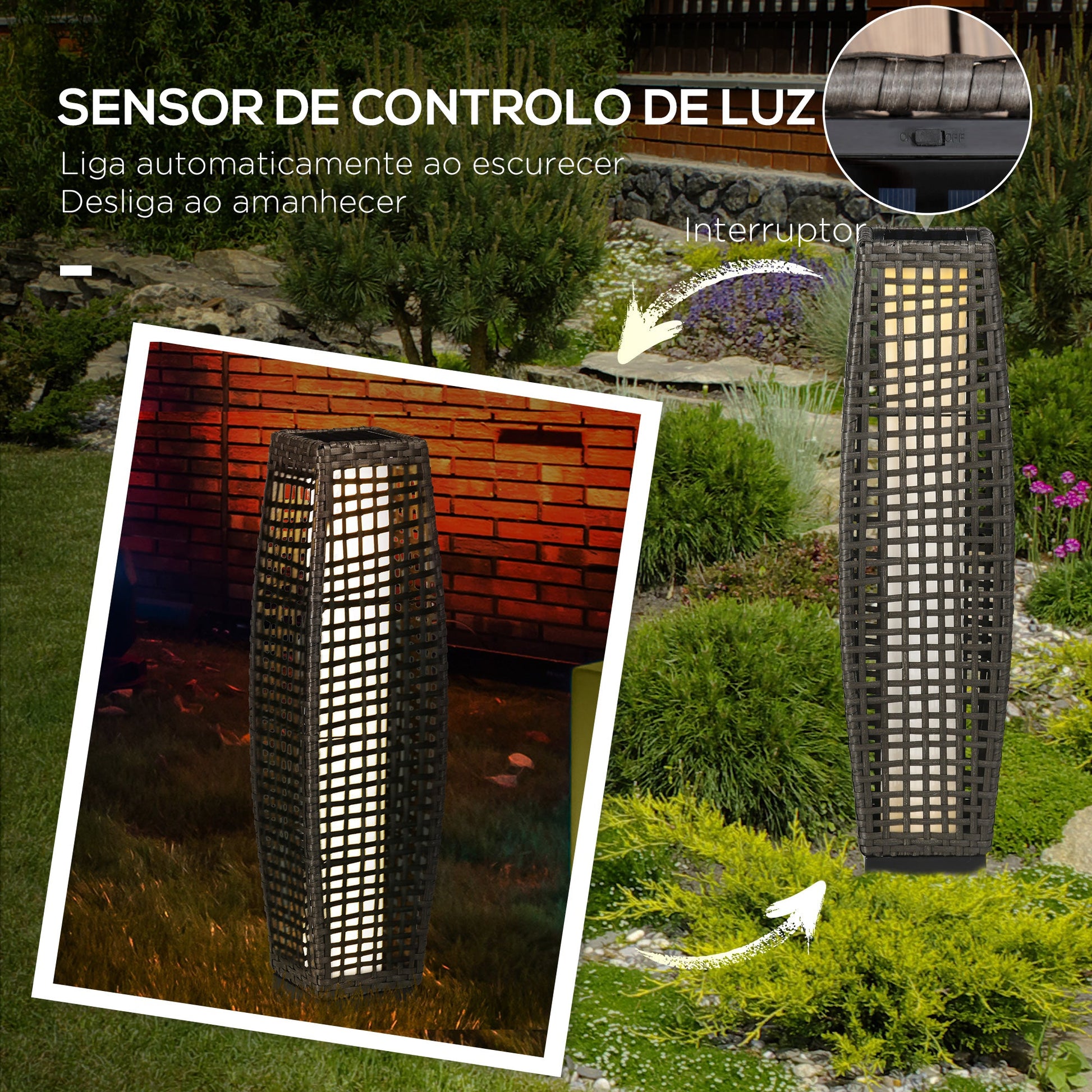 Candeeiro Solar de Jardim em Vime Sintético – 21x21x78 cm – Cinza – Luz LED Quente com Ligar/Desligar Automático