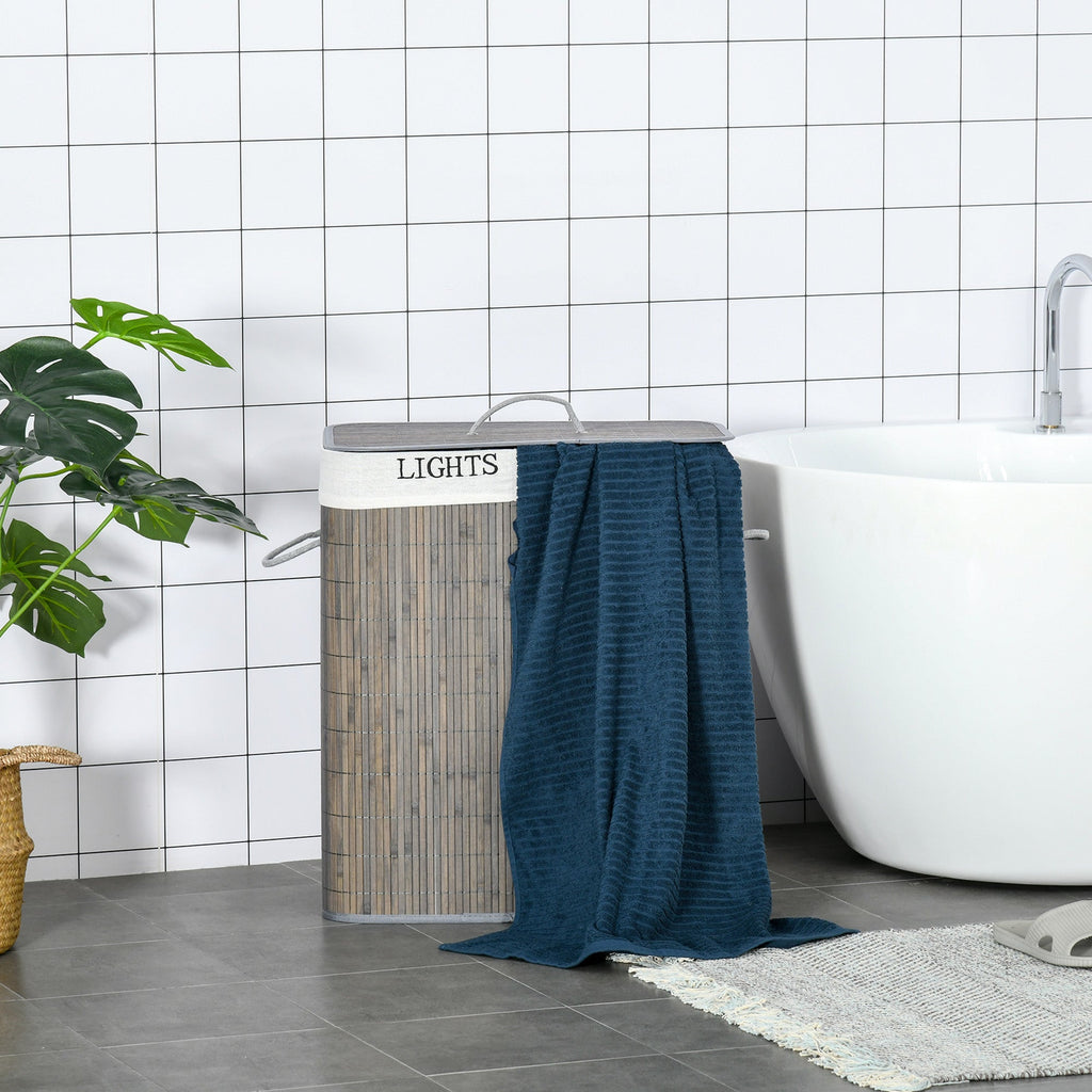 Cesto para Roupa Suja de Bambú Capacidade de 100L Cesta para Roupa Suja Retangular com Tampa Removível Bolsa com 2 Compartimentos 52x32x63 cm Cinza