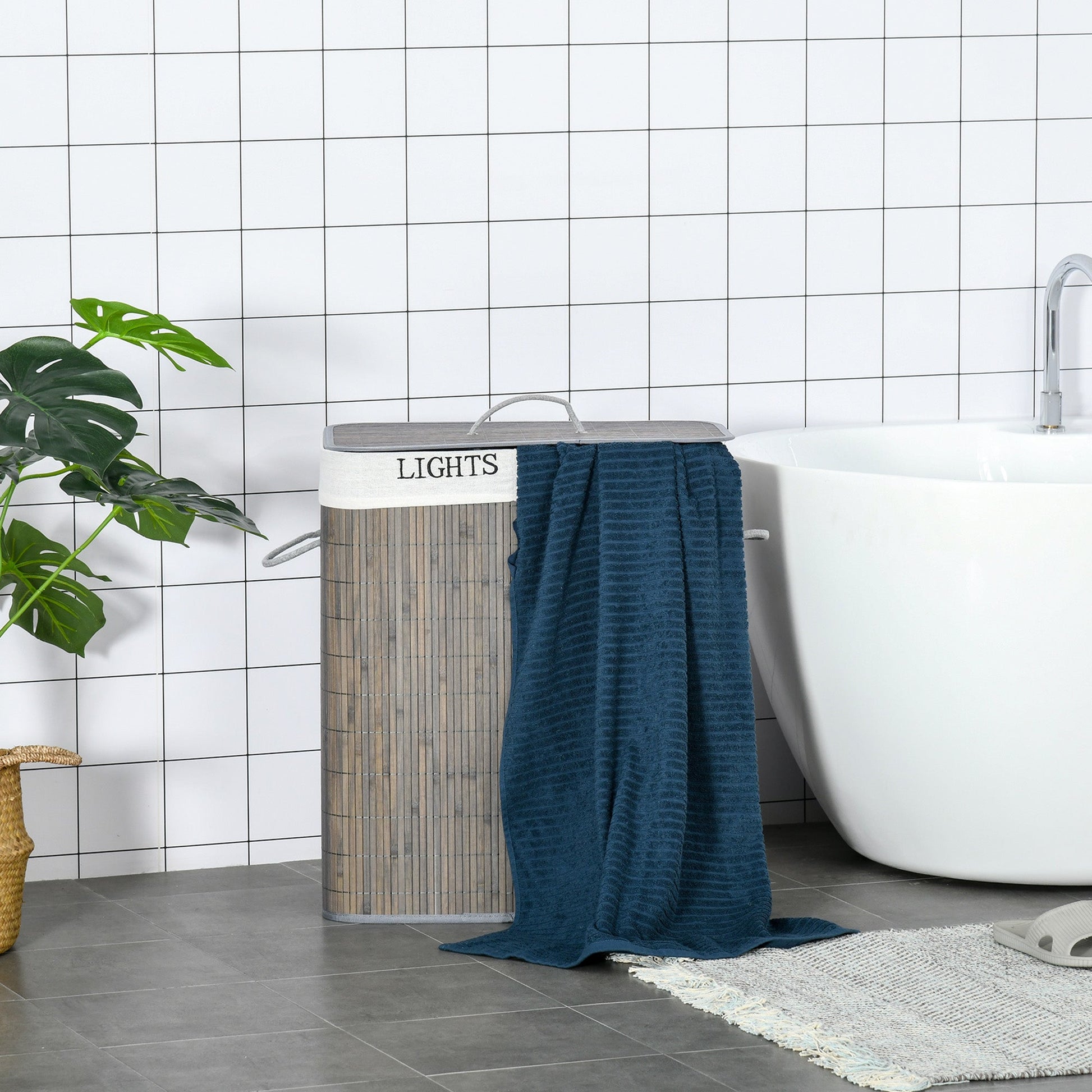 Cesto para Roupa Suja de Bambú Capacidade de 100L Cesta para Roupa Suja Retangular com Tampa Removível Bolsa com 2 Compartimentos 52x32x63 cm Cinza