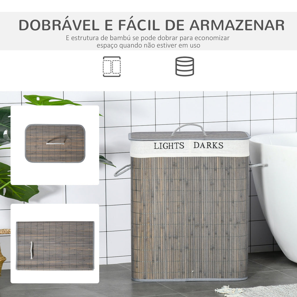 Cesto para Roupa Suja de Bambú Capacidade de 100L Cesta para Roupa Suja Retangular com Tampa Removível Bolsa com 2 Compartimentos 52x32x63 cm Cinza