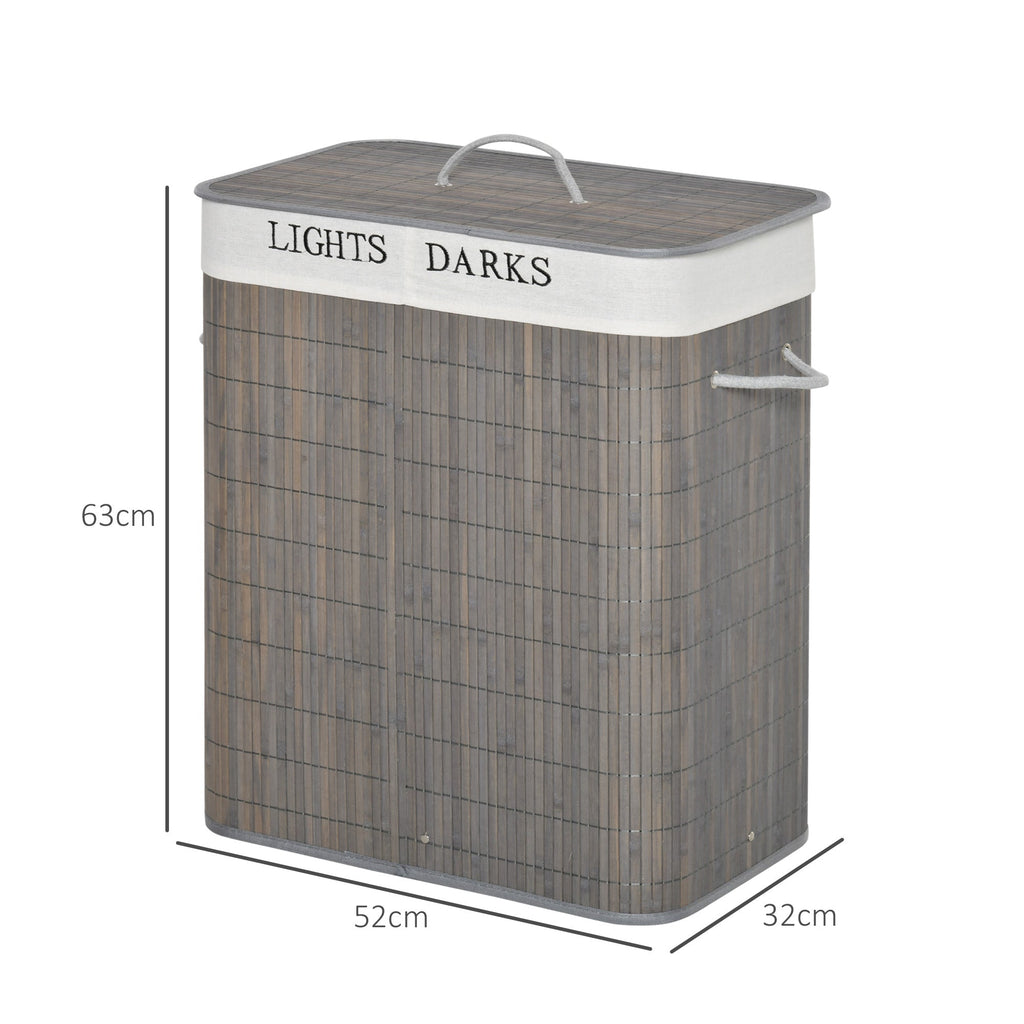 Cesto para Roupa Suja de Bambú Capacidade de 100L Cesta para Roupa Suja Retangular com Tampa Removível Bolsa com 2 Compartimentos 52x32x63 cm Cinza
