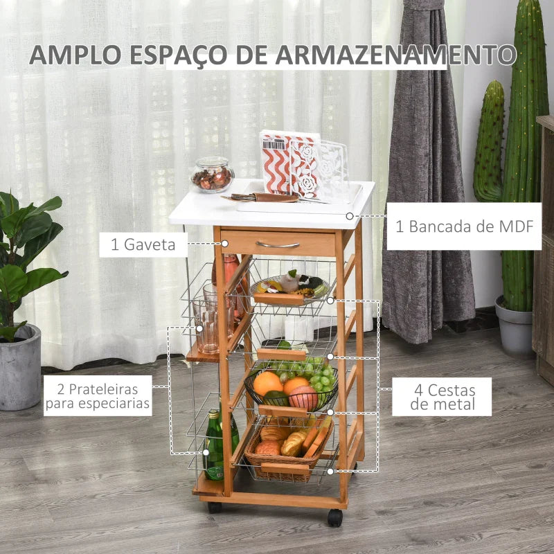 Carrinho de Cozinha com Rodas Carrinho Auxiliar com Gaveta 4 Cestas Amovíveis de Metal e Prateleiras Laterais 47x37x83 cm Madeira