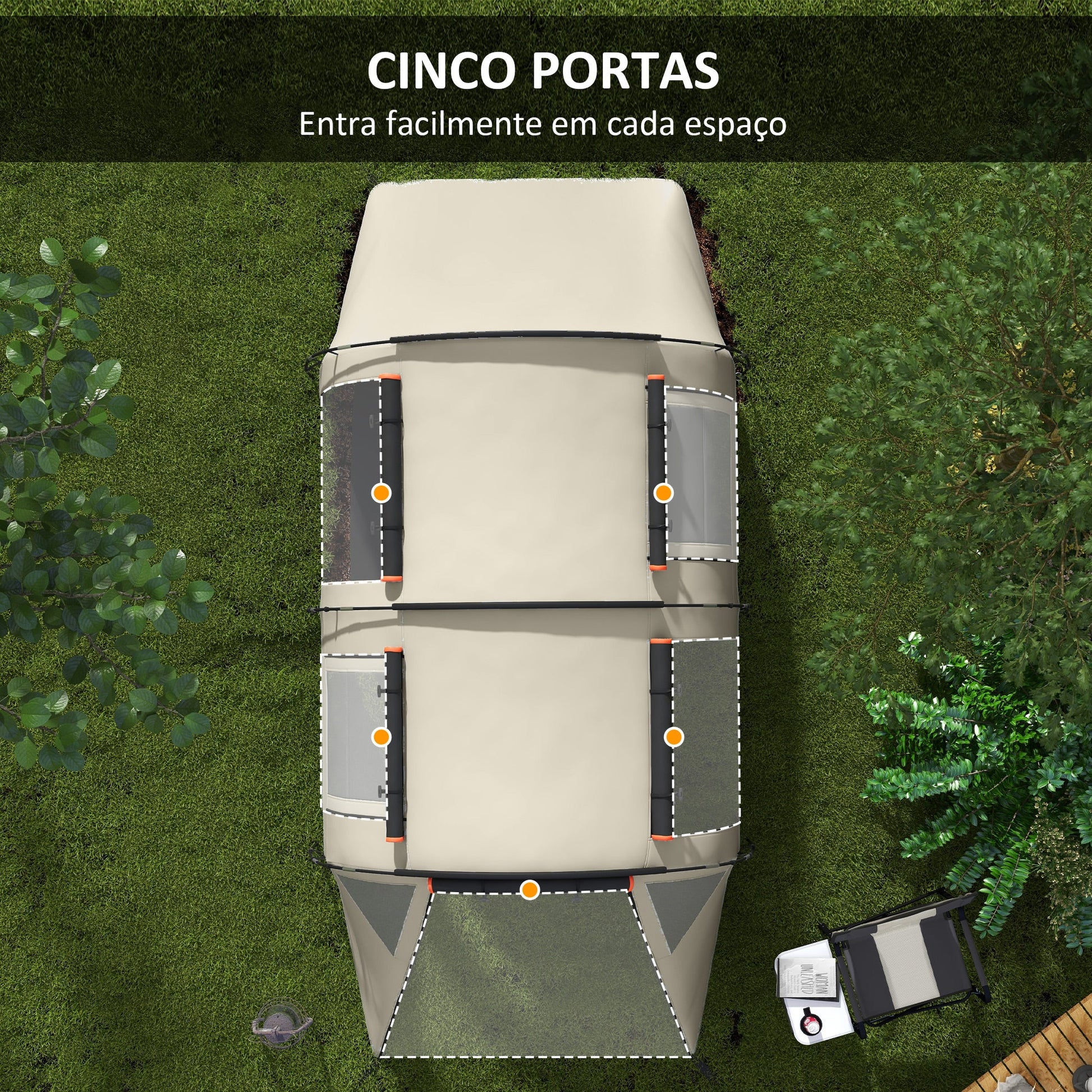 Tenda de Campismo Familiar para 2 Pessoas Tenda de Campismo Dobrável com 2 Quartos 5 Portas e Bolsa de Transporte Impermeável para Trekking 460x230x180 cm Caqui