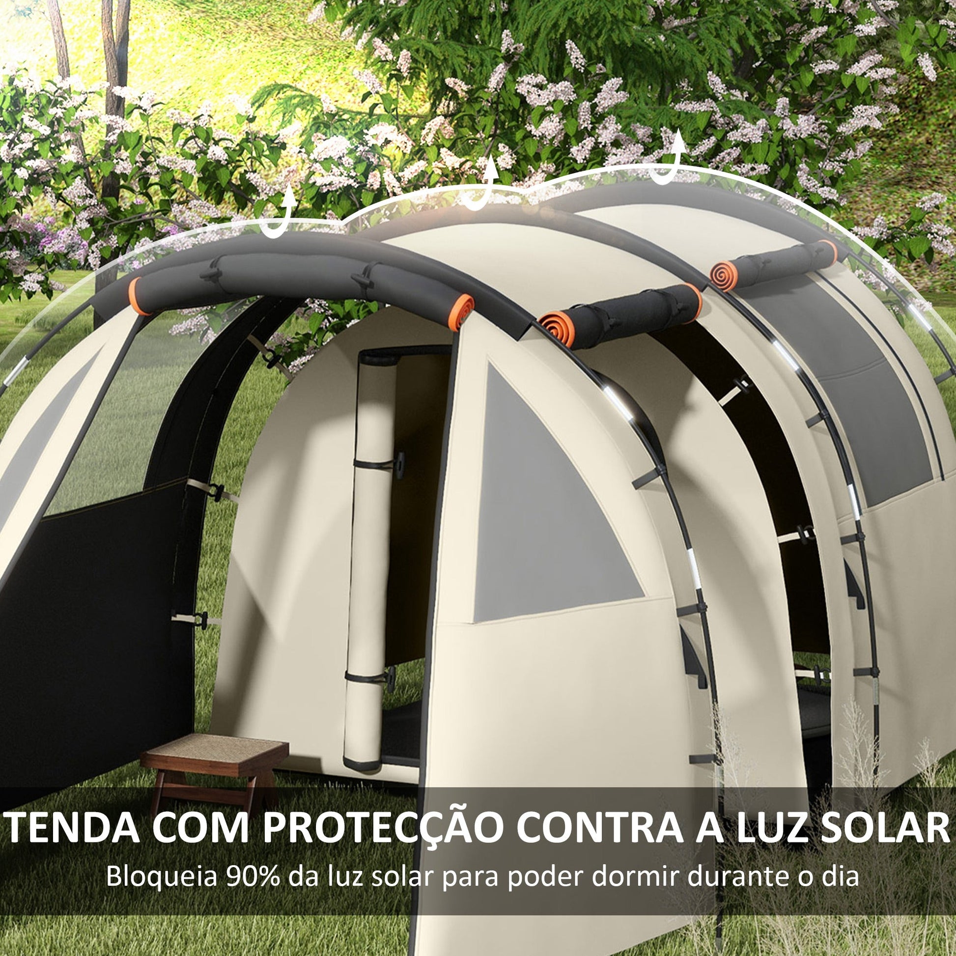 Tenda de Campismo Familiar para 2 Pessoas Tenda de Campismo Dobrável com 2 Quartos 5 Portas e Bolsa de Transporte Impermeável para Trekking 460x230x180 cm Caqui