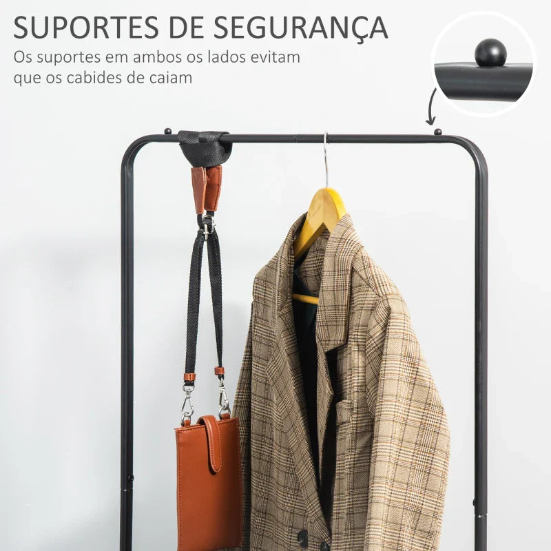 Charriot com Sapateiro Charriot com Rodas Barra de Pendurar e 2 Cestos para Entrada Dormitório Sala de Estar 56,5x31,5x152,5cm Preto