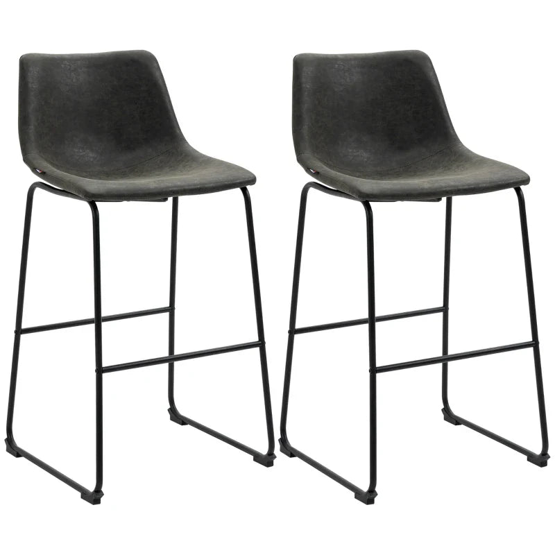 Conjunto de 2 Bancos Altos de Cozinha Estofado em PU Bancos de Bar com Encosto Pés de Aço e Apoio para os Pés para Sala de Estar Cara Máxima 110kg 47x54x99cm Cinza Escuro