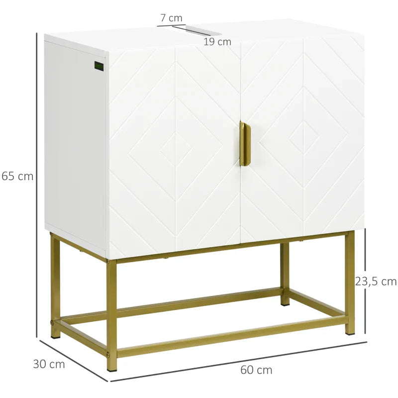 Móvel para Lavatório Pousar Armário para Casa de Banho Moderno com 2 Portas e Pés de Aço 60x30x65 cm Branco e Dourado